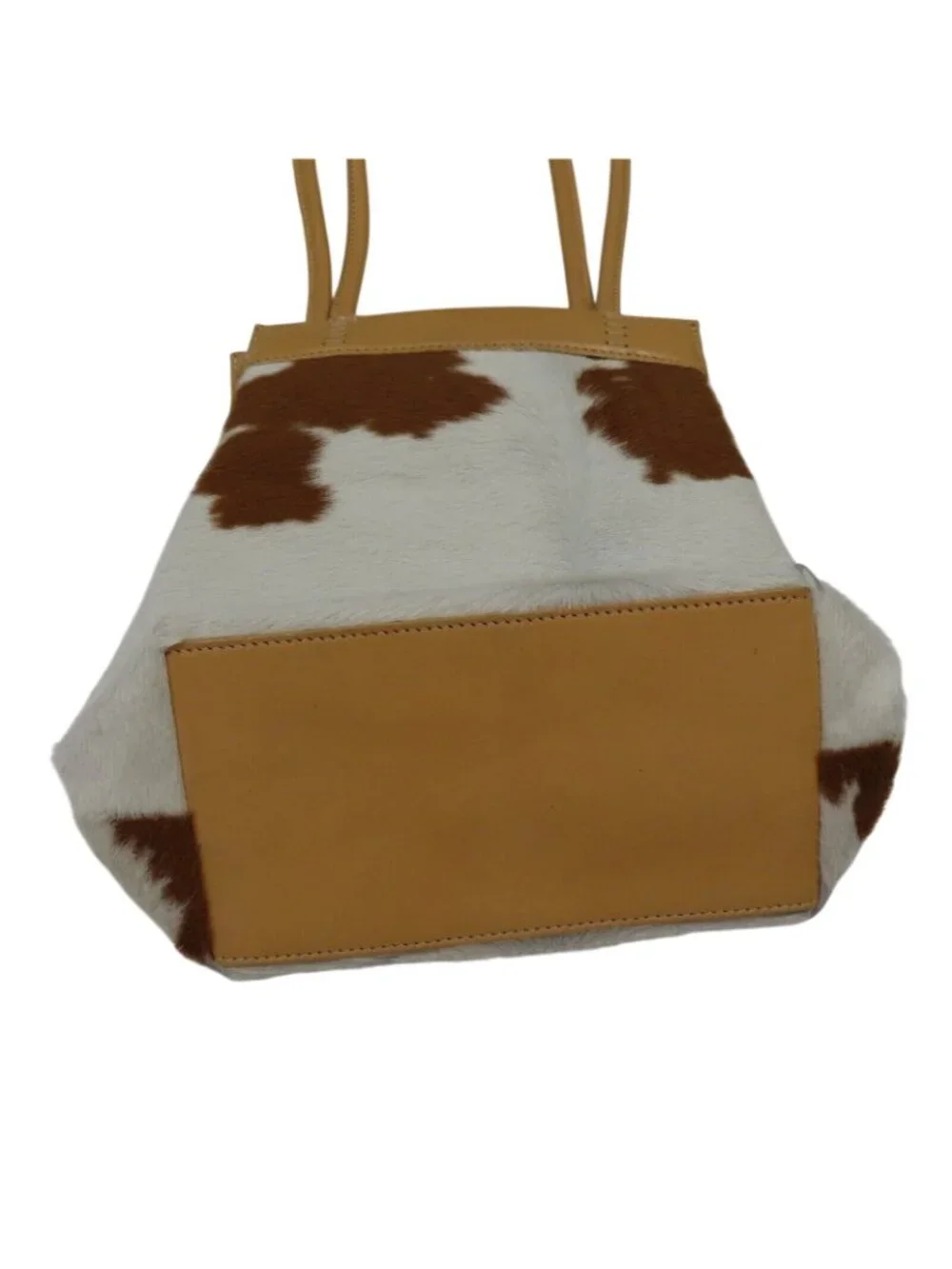 Nine West Tan Leather Brown White Cow Animal Hair Print Satchel Bucket Bag Purse
